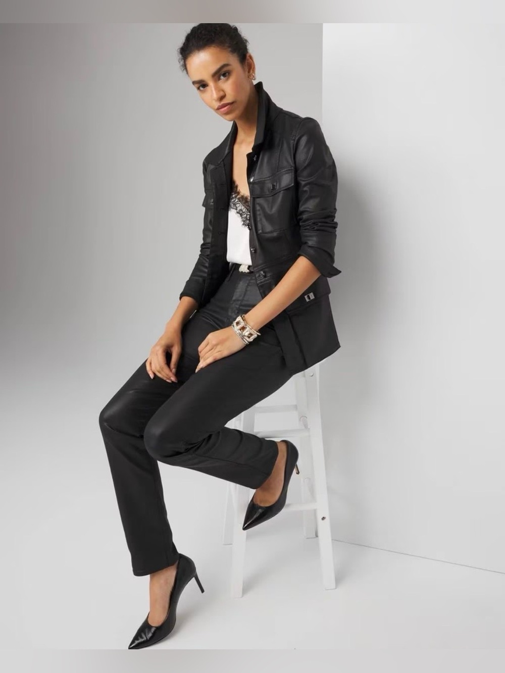 Women’s White House Black Market Coated Utility Jacket Black, Size S - Picture 2 of 5